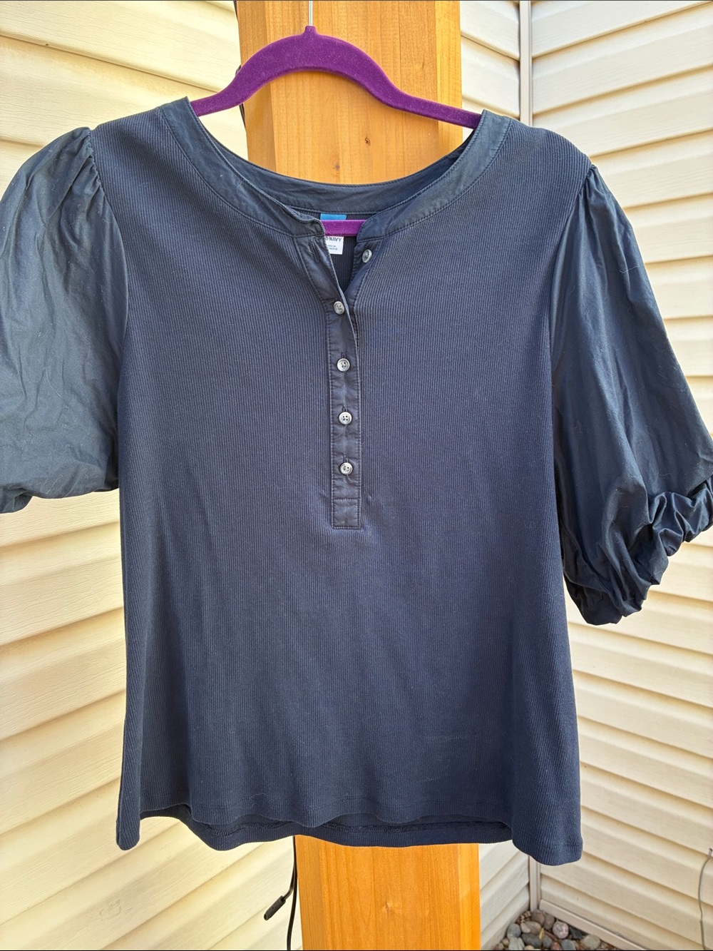 Old Navy Navy Blue Puff-Sleeve Button-Front Top